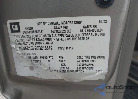 2003 Chevrolet Tahoe Ls z USA, uszkodzony, nr VIN 1GNEC13V93R215619